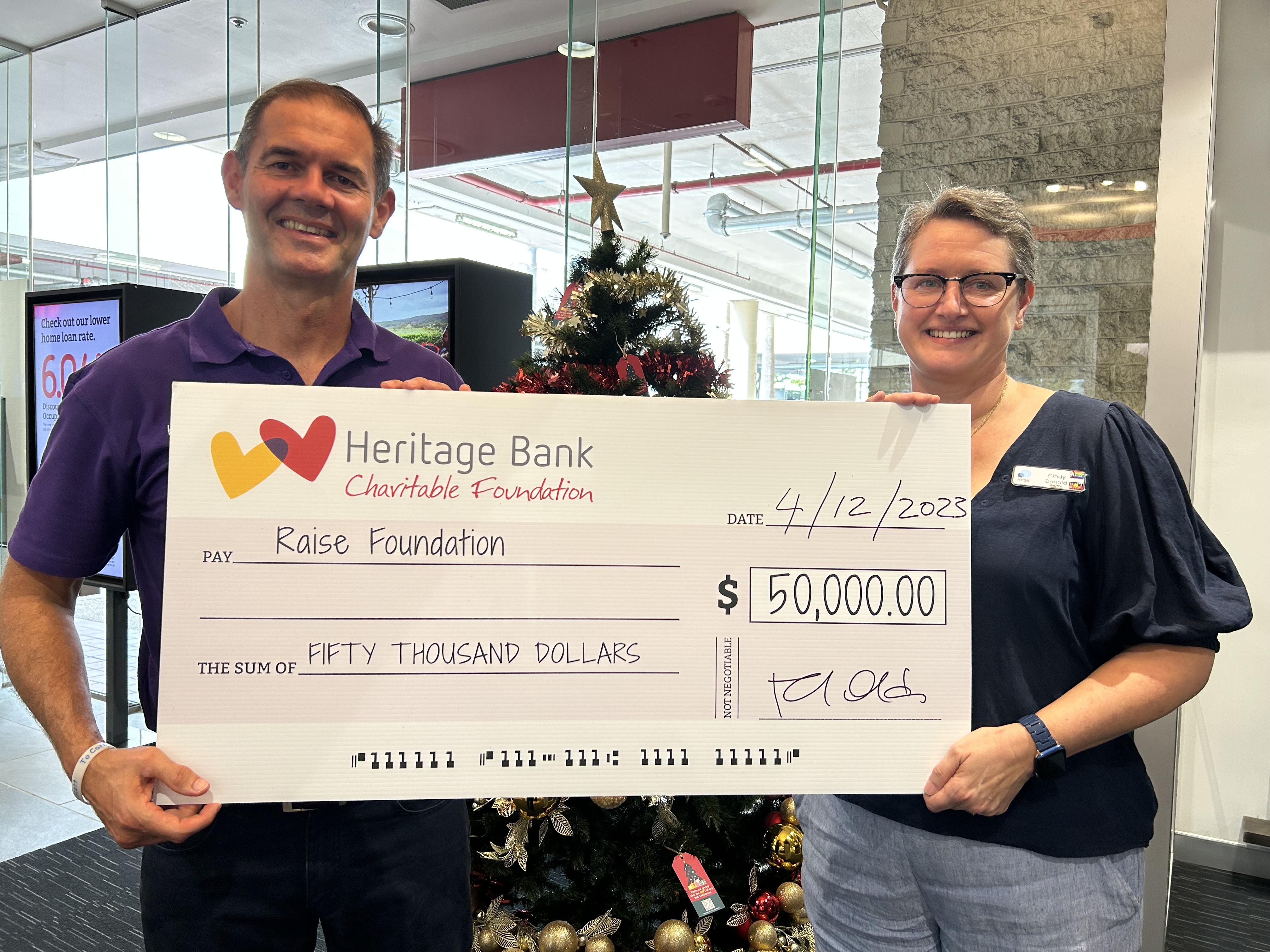 Heritage Bank Charitable Foundation Executive Officer Paul Olds and Raise Foundation QLD Program Manager Cindy Donald